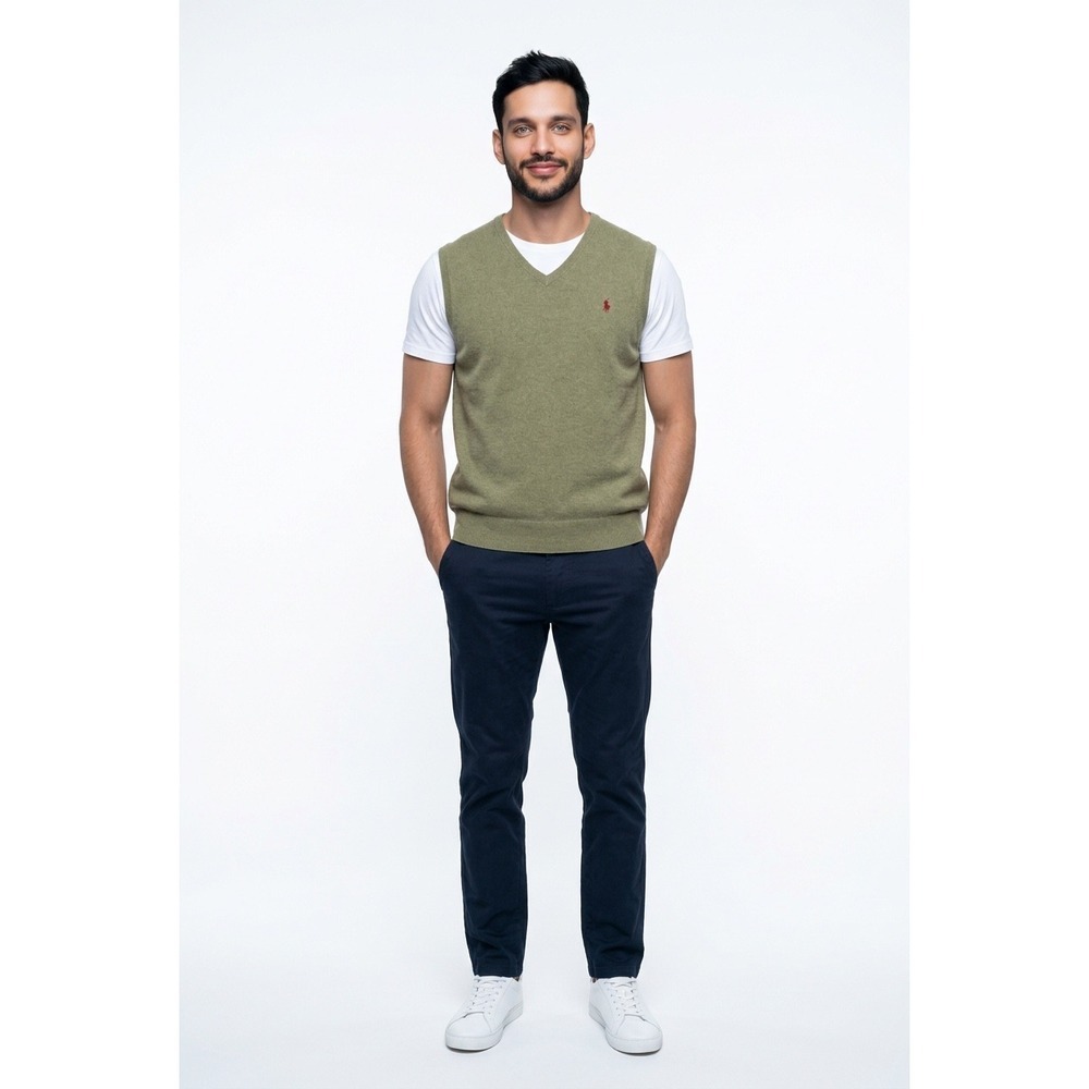 Polo Ralph Lauren Mens Pima Cotton V-Neck Sweater Vest Olive Green Heather Large